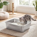 Bac � liti�re pour chats en acier inoxydable ouvert pour petits chats 45 x 35 x 15 cm argent