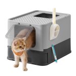 Bac  litire ferm pour chat - marque - modle - plateau amovible - pelle - gris anthracite et gris ...