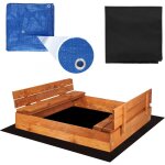 Bac � sable en bois - springos - 2026 - 120x120 cm - bancs pliables (couvercle) - g�otextile et b�che ...