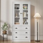 Bahut haut effet bois l 80 x p 34 x h 171 cm portes vitr�es 3 tiroirs poign�es cuivre