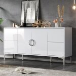 Bahut de salle � manger blanc laqu� 150 cm pieds m�tal push - to - open tiroirs et portes buffet bas ...