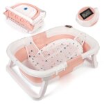 Baignoire pliante b�b� ? thermom�tre int�gr� coussin antid�rapant vidage facile? rose