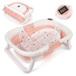Baignoire pliante b�b� ? thermom�tre int�gr� coussin antid�rapant vidage facile? rose