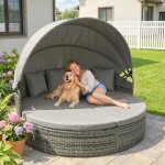 Bain de soleil rond lit de jardin ext�rieur modulable 3 psc en r�sine tress�e avec auvent r�tractable ...