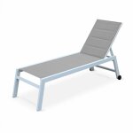 Bain de soleil - solis - transat textil�ne matelass� et aluminium 6 positions. structure blanche. textil�ne ...