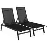 Lot de 2 transats noir. 5 positions. en textilne et mtal. flora. l155 x p59 x h106cm