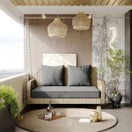 Balancelle de jardin 2 places en rotin beige avec coussins gris d�houssables cha�nes m�tal charge 160 ...