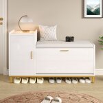 Banc � chaussures avec assise rembourr�e et rangement meuble d?entr�e blanc et or 100 x 38 x 68 cm