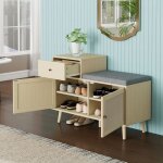 Banc � chaussures - meuble boh�me avec 2 portes en rotin et tiroir assise rembourr�e pour couloir naturel ...