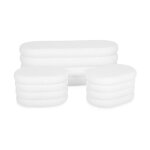 Banc coffre en bouclettes blanches avec 2 poufs ovales de rangement int�gr�s - l111cm