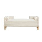 Banquette coffre scandinave en velours c�tel� blanc - banc de rangement ray� avec structure en bois massif ...