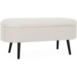 Banc coffre. bout de lit avec revtement bouclette. cru. pieds en bois noir. l 112 x 44 x 50cm