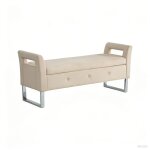 Banc coffre - bout de lit velours capitonn�e beige - banquette de rangement - design pieds m�tal - 138x51x60. ...