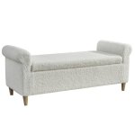 Banc de rangement en tissu boucl� blanc - banquette coffre avec accoudoirs et pieds en bois - bout de ...