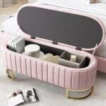 Banc de rangement en velours rose - 120x40x42cm - pouf coffre bout de lit avec pieds en m�tal dor� pour ...