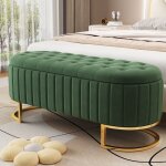 Banc de rangement en velours vert - ambiance - 120x40x43cm - pouf coffre bout de lit avec pieds en m�tal ...