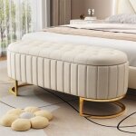Banc rembourr - bout de lit - velours - beige - espace de rangement 120x39x40cm
