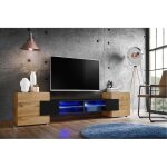Banc tv merano version 1 komodee - led bleues - noir brillant et bois naturel - 230 x 53 x 35 cm