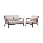 Banquette 2 places + fauteuil bois dh�v�a teint� noyer clair et tissu lorens