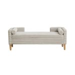 Banquette coffre scandinave en velours c�tel� gris - banc de rangement ray� avec structure en bois massif ...