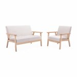 Banquette et fauteuil en bois et tissu cr�me. isak. l 114 x l 69. 5 x h 73cm