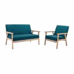 Banquette et fauteuil scandinave en bois et tissu bleu p�trole l 114 x l 69. 5 x h 73cm