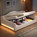 Banquette - lit capitonn�e 140x200cm avec bandeau lumineux led et rangement en dessous lin mdf et contreplaqu� ...