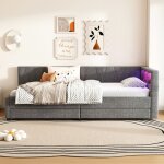 Banquette lit lin gris 90x200 cm avec led t�l�commande prises usb type - c 2 tiroirs et rangement t�te ...
