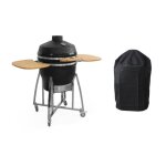 Barbecue charbon de bois grill et fumoir c�ramique �57cm avec roues tablettes et housse