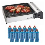 Barbecue  gaz 1900w grille anti adhesive + 12 cartouches gaz camping kemper