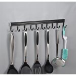 Barre � ustensiles de cuisine mural avec 10 crochets inox noir sans per�age 50cm support range �tag�re ...