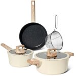 Batterie de cuisine 6 pi�ces � rev�tement marbr� avec couvercles tous feux dont induction beige just ...