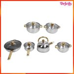 Batterie de cuisine - akozon - ensemble 5 pi�ces - acier inoxydable - poign�es dor�es - compatible induction ...