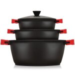 Batterie de cuisine induction 6 pices aluminium fonte 3 casseroles 3 couvercles briebe blackt3 noir ...