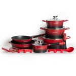 Batterie de cuisson complte effet marbre - 17 pices - tous feux - rouge et noir