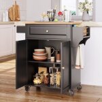 Chariot de cuisine mobile - bealife - Îlot sur roulettes - mdf et bois dhévéa - 50kg - noir Chariot de cuisine mobile - bealife - Îlot sur roulettes - mdf et bois dhévéa - 50kg - noir