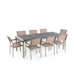 Beliani - table de jardin acier inox plateau granit triple noir flamb� 220 cm avec 8 chaises en textile ...