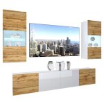 Meuble tv mural - belini - nex 7 / 0 / w / dwdww - chne wotan - blanc brillant - clairage led multicolore ...