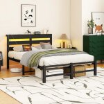 Bellemave lit double 120x200 cm ? led intelligent ports usb rangement t�te de lit cadre m�tal noir (sans ...