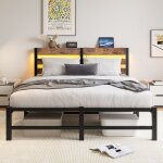 Bellemave lit double 140x200 cm ? led intelligent ports usb rangement t�te de lit cadre m�tal noir marron ...