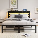 Bellemave lit double 140x200 cm ? led intelligent ports usb rangement t�te de lit cadre m�tal noir (sans ...