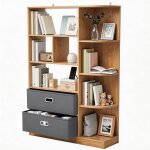 Biblioth�que autoportante balconera avec 8 �tag�res ouvertes et 2 tiroirs lat�raux en tissu ch�ne 80l ...