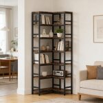Biblioth�que dangle industrielle 7 �tag�res m�tal noir et bois rustique �tag�res d�cal�es meuble haut ...