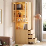 Biblioth�que haute 200 cm avec armoire vitr�e en verre led et 3 tiroirs lat�raux ? colonne de rangement ...