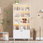 Biblioth�que led 173 cm blanche avec portes et 7 �tag�res meuble de rangement moderne avec pieds en bois ...
