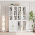 Biblioth�que avec portes en verre biblioth�que � 5 niveaux avec �tag�res r�glables blanc (ac)