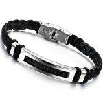 Bracelet - acier inoxydable - cordon en cuir - 20 cm - 10 mm - noir et gris