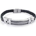 Bracelet homme biker tress manchette cuir acier inoxydable fantaisie chane de main noir argent