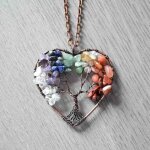 Bijoux pendentif collier 7 pierres chakra naturelles diy arbre de la vie en cuivre fil forme rond perles ...