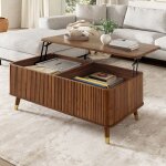 Bladeze - table basse relevable style r�tro plateau ondul� pieds en bois coffre de rangement pour salon ...